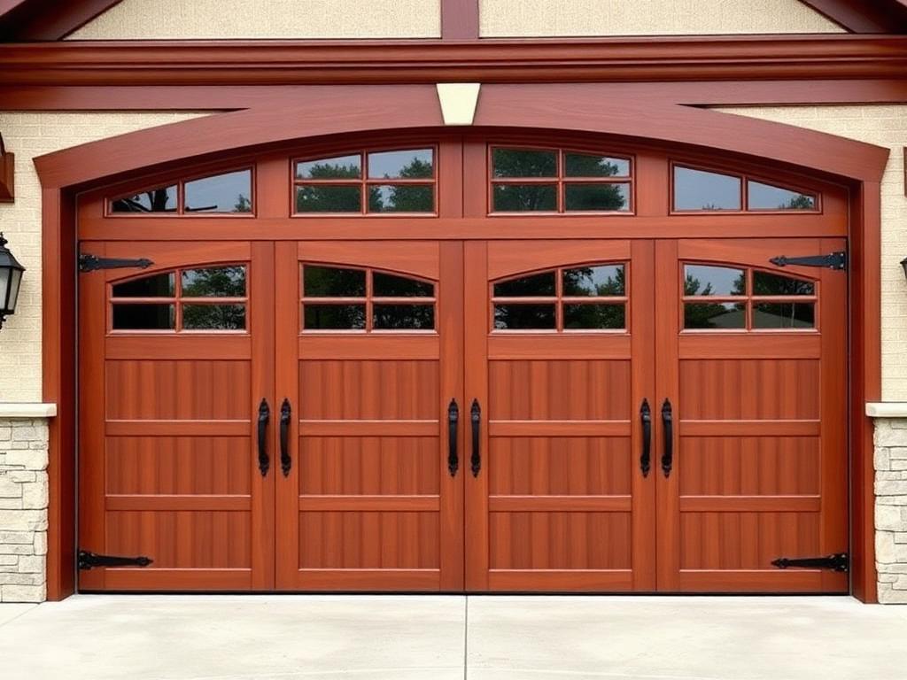 Mahogany carriage style garage door with decorative hardware