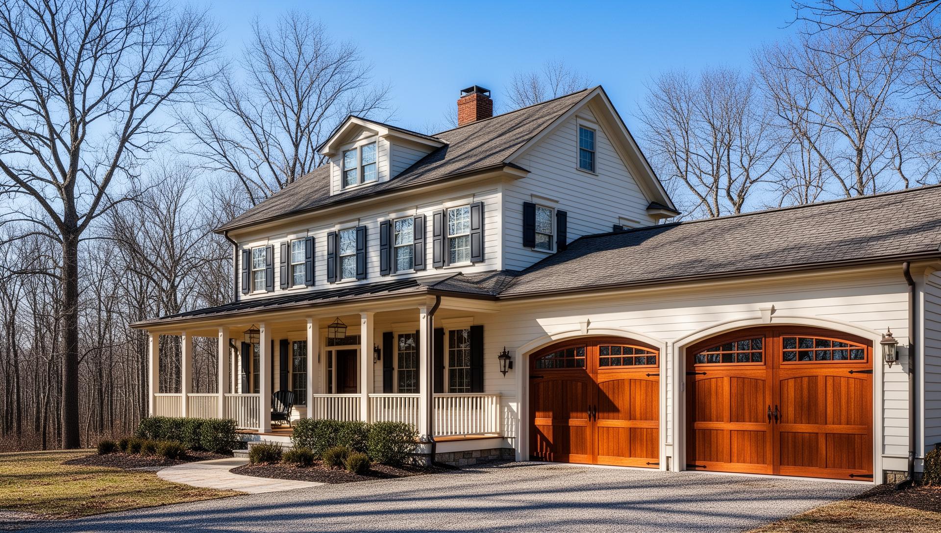 Beautiful farmhouse with elegant mahogany wood garage doors in Roosevelt, WA